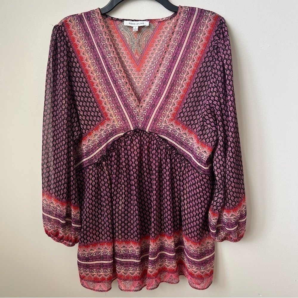 Rose + Olive Kaleidoscope Floral Print Top V-Neck L/S Boho Peasant Hippie M